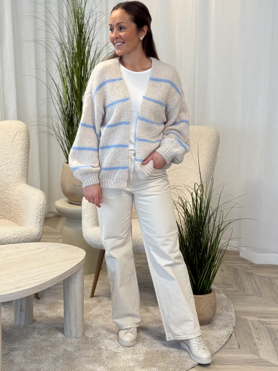 MAYBE STRIKKET CARDIGAN M/STRIPER - CREAM/LYSBLÅ