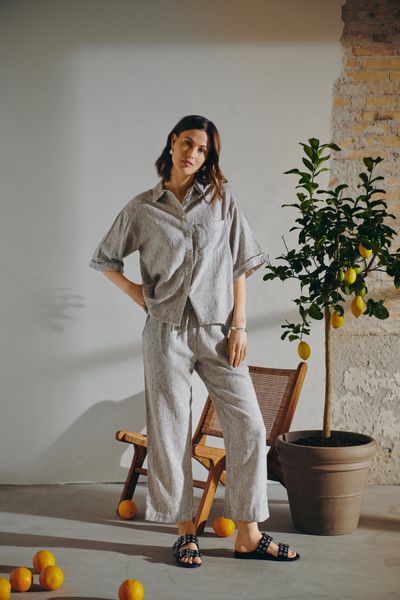 Hovedbilde LAVA LIN/VISCOSE TOPP STRIPET - BRUN/HVIT