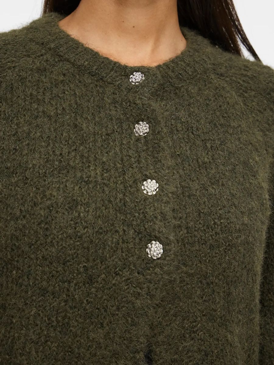 BOWS 3/4 KNIT CARDIGAN M/METALL KNAPPER - OLIVEN MELERT