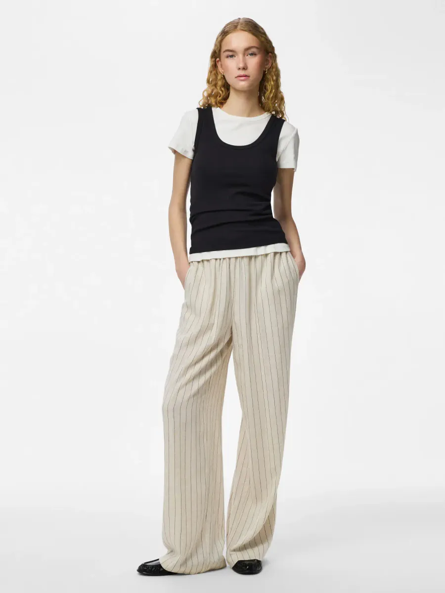 PIA VISCOSE/LIN BUKSE STRIPET - SAND / SORT