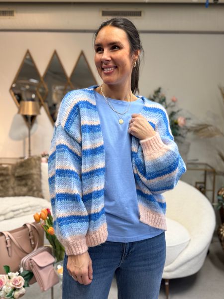 Hovedbilde MAYBE STRIKKET CARDIGAN M/STRIPER - LYSBLÅ/CREAM