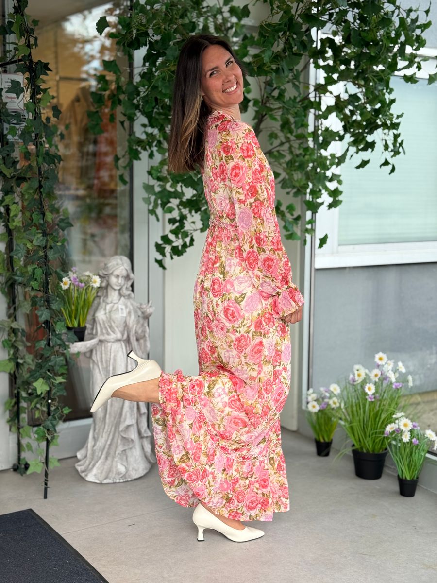 EMSA LANG KJOLE FLOWERS - ROSA/CREAM