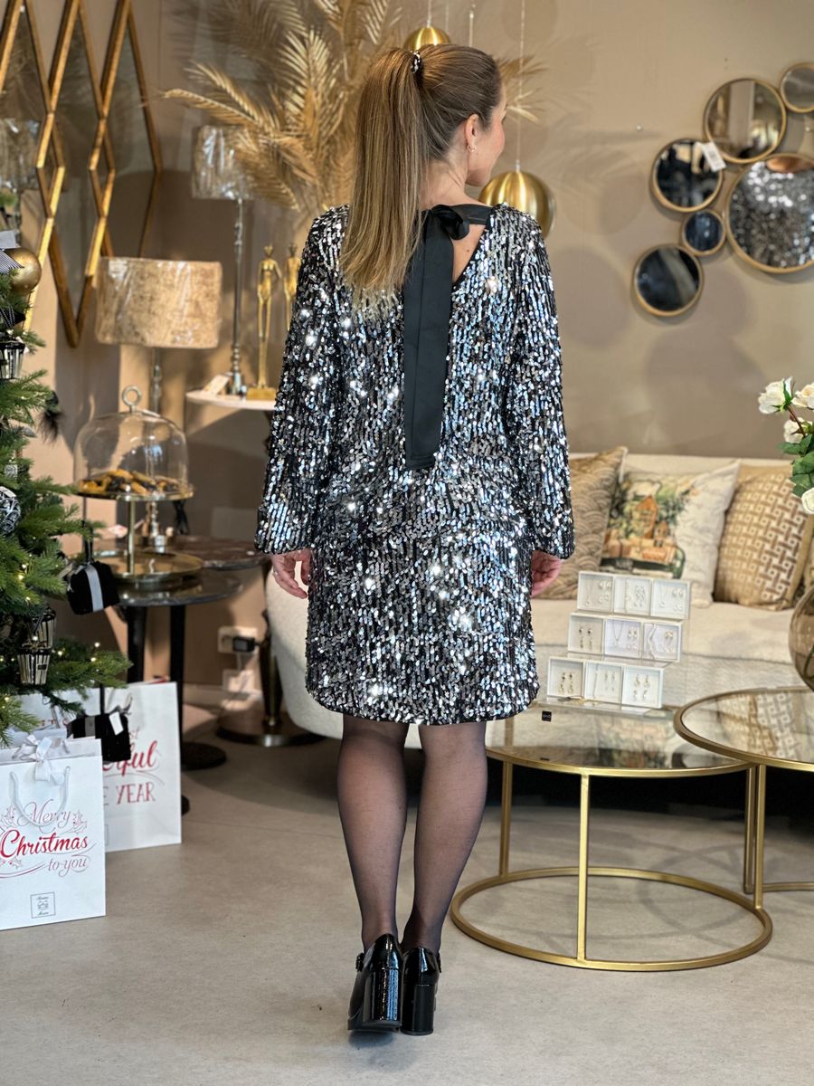 EVE PALJETT KJOLE M/SLØYFE BAK - GRÅ/SORT/SØLV