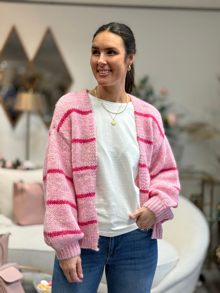 MAYBE STRIKKET CARDIGAN M/STRIPER - ROSA