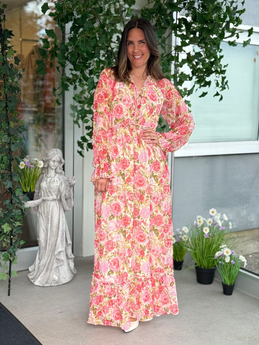EMSA LANG KJOLE FLOWERS - ROSA/CREAM