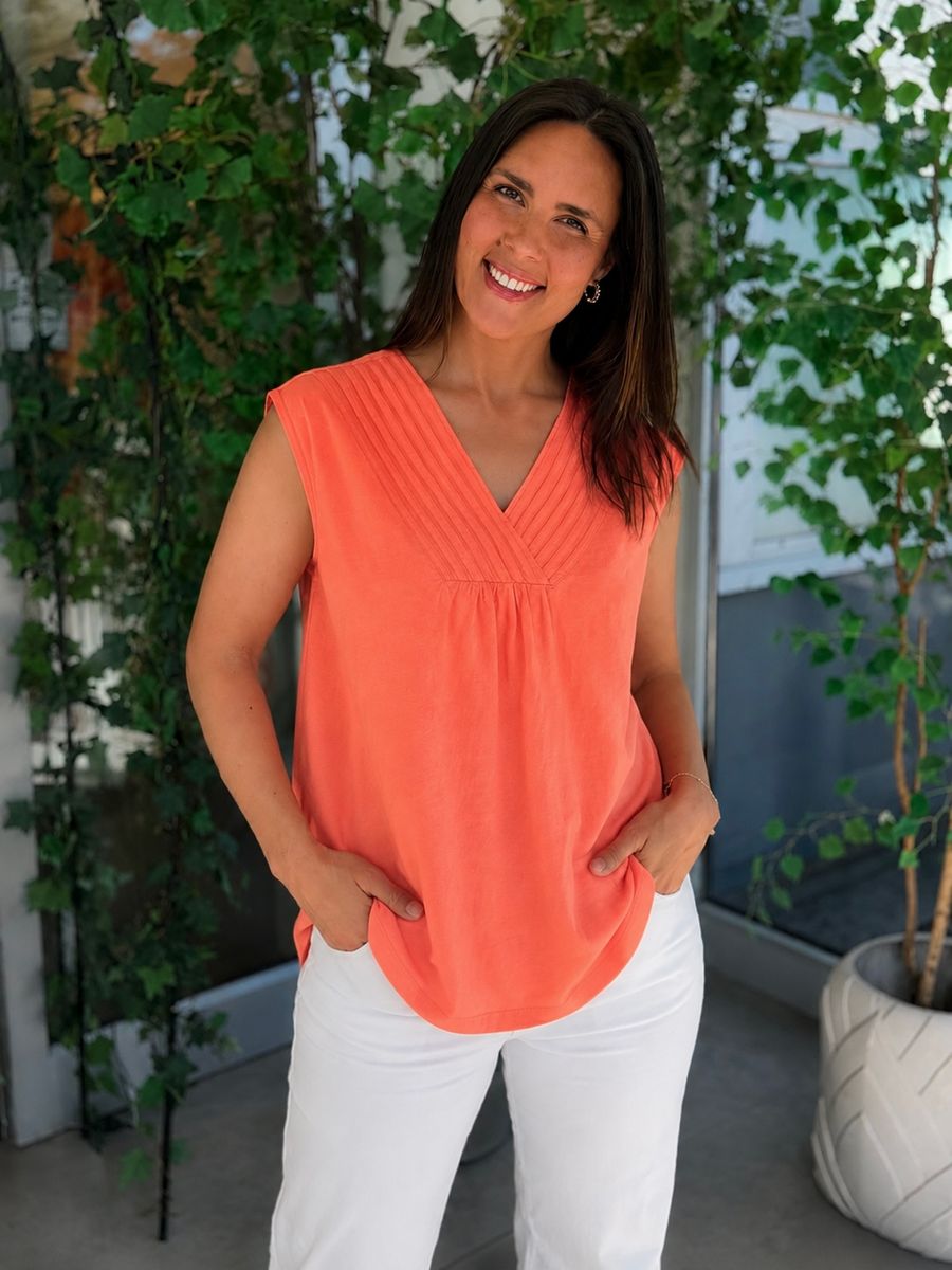 LAVA LIN/VISCOSE TOPP V-HALS - ORANGE