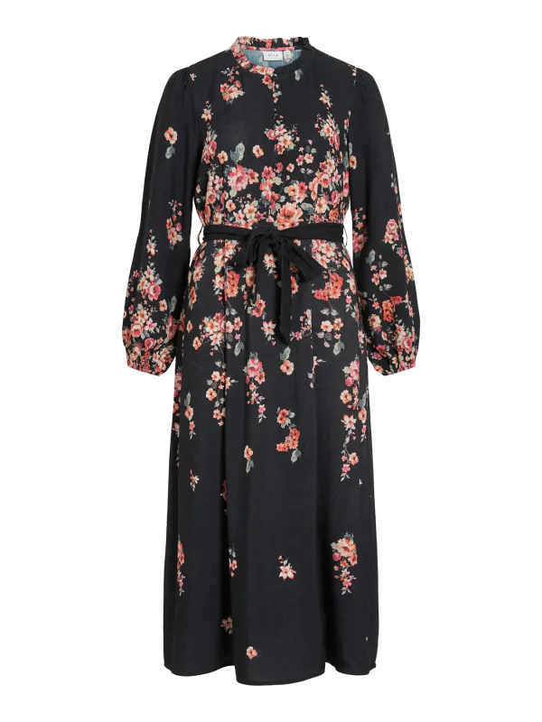 ELMA LANG KJOLE FLOWER - SORT / ORANGE