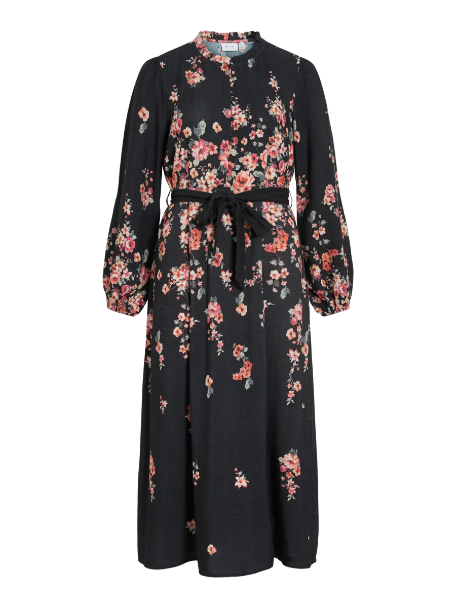 ELMA LANG KJOLE FLOWER - SORT / ORANGE