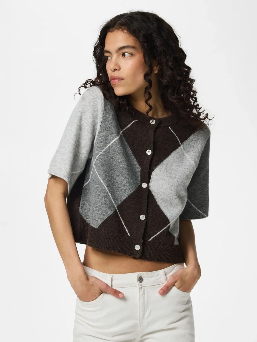 SALLY KNIT CARDIGAN 2/4 - BRUN CHECK