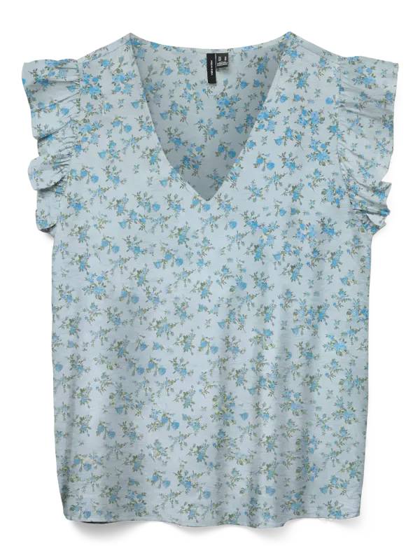 JOSIE TOPP M/VOLANG FLOWERS - LYSBLÅ