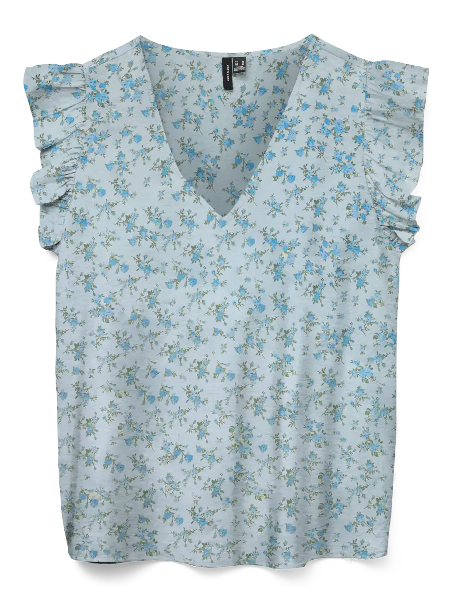 JOSIE TOPP M/VOLANG FLOWERS - LYSBLÅ