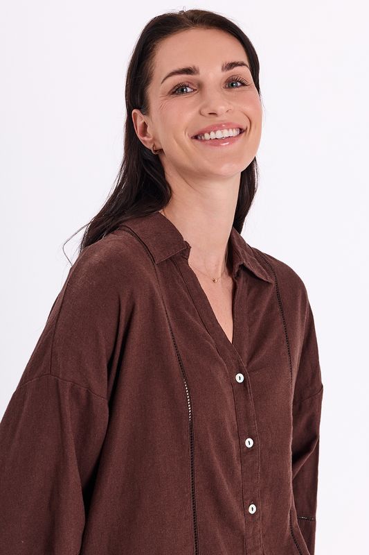 LALUNA LIN/VISCOSE SKJORTE - BRUN